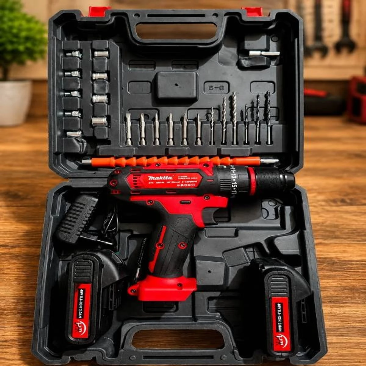 Double Battery Rechargeable Makita Cordless Drill machine and 28 pcs tools Set - ( Red Color )