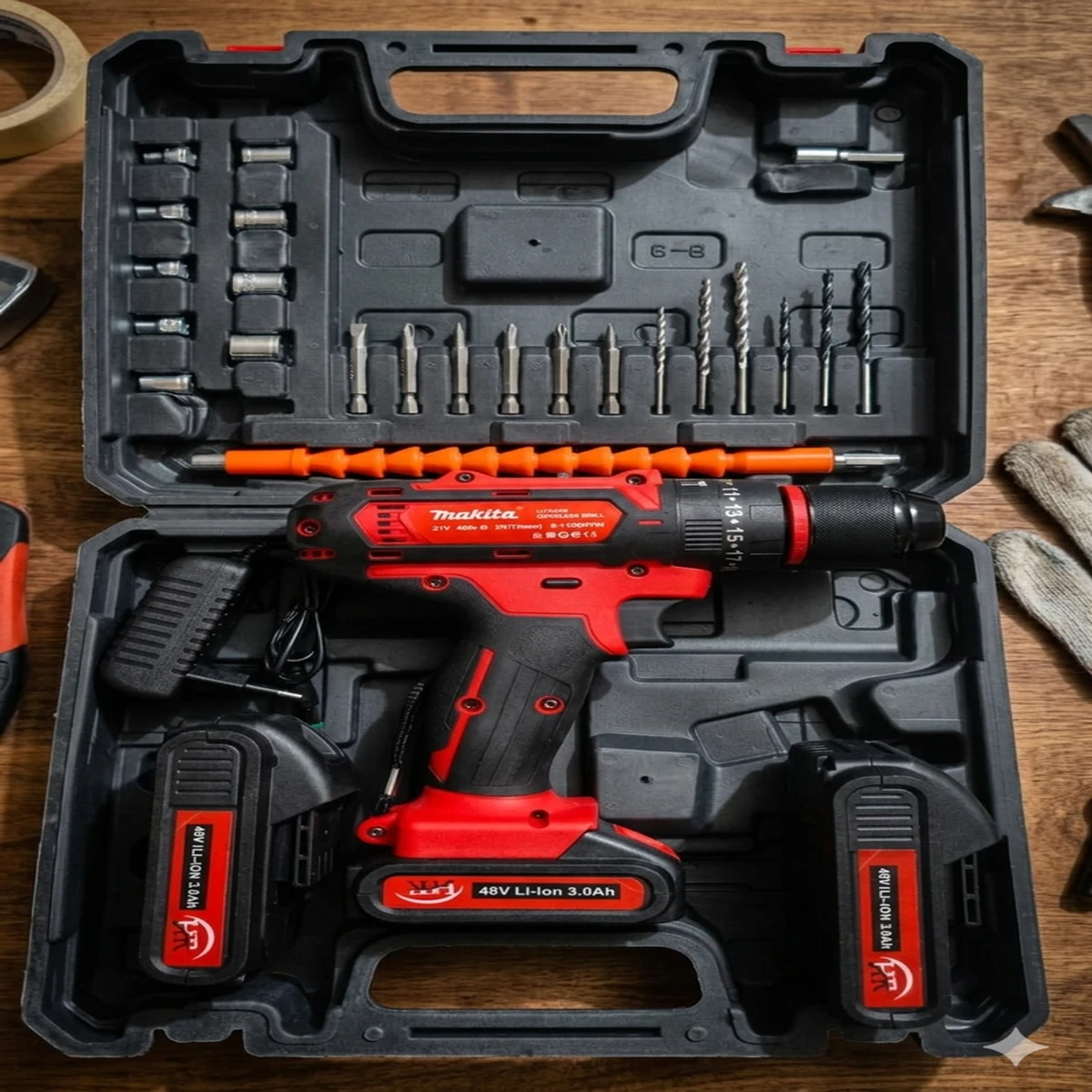 Double Battery Rechargeable Makita Cordless Drill machine and 28 pcs tools Set - ( Red Color )