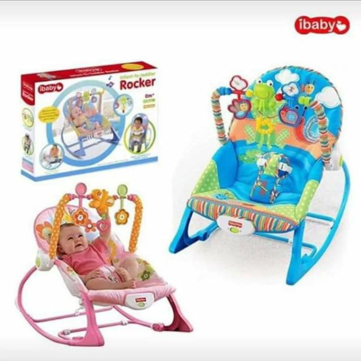 iBaby Infant to Toddler Rocker with Music & Vibration Baby Bouncer- Pink & Blue