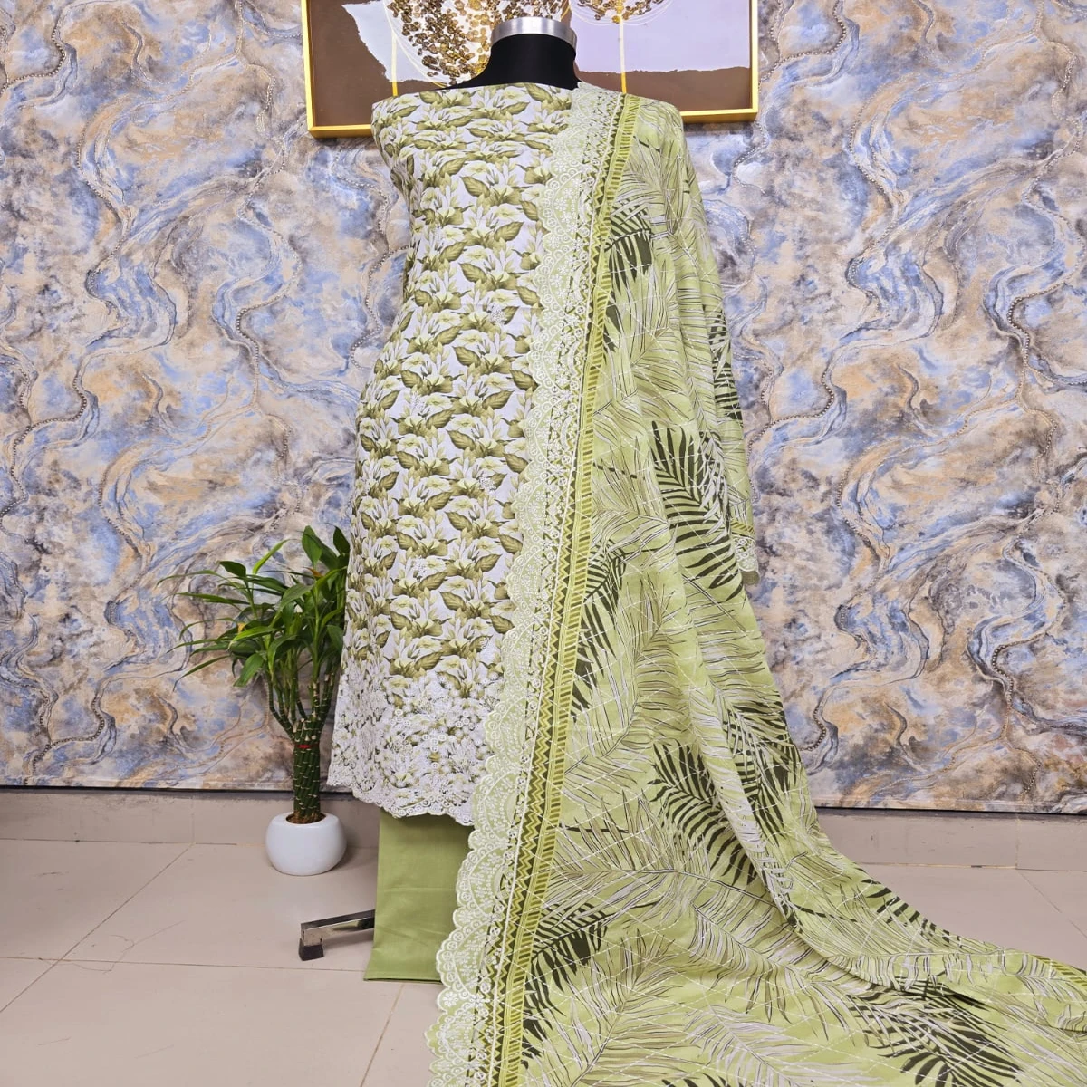 Unstitched Premium cotton With Embotari Dress