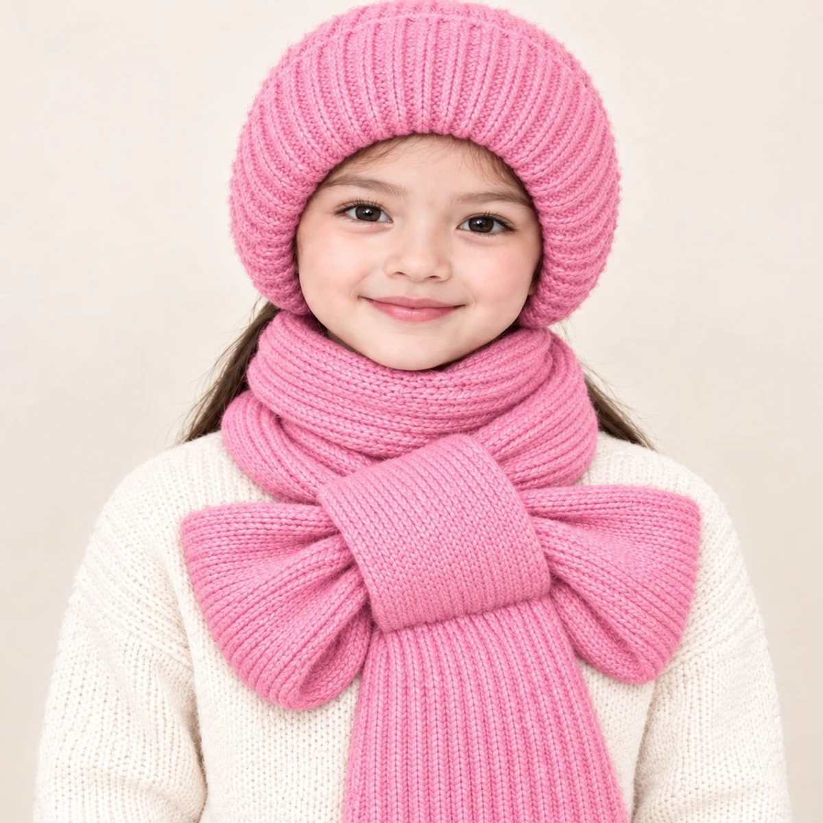 ১-১২ বছরের বাচ্চাদের Winter Cap With Scarf (pink Colour)