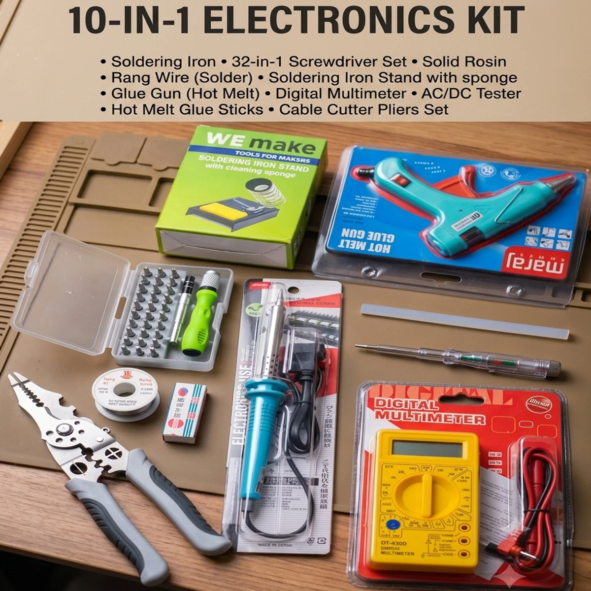 Combo Set : 10 in 1 = Cable Cutter Pliers, DIGITAL MULTIMETER, Soldering Iron, Soldering Iron Stand, Glue Gun, Glue, 32 in1 Screwdriver Set, Solid Rosin, Rang Wire, Ac/Dc Tester