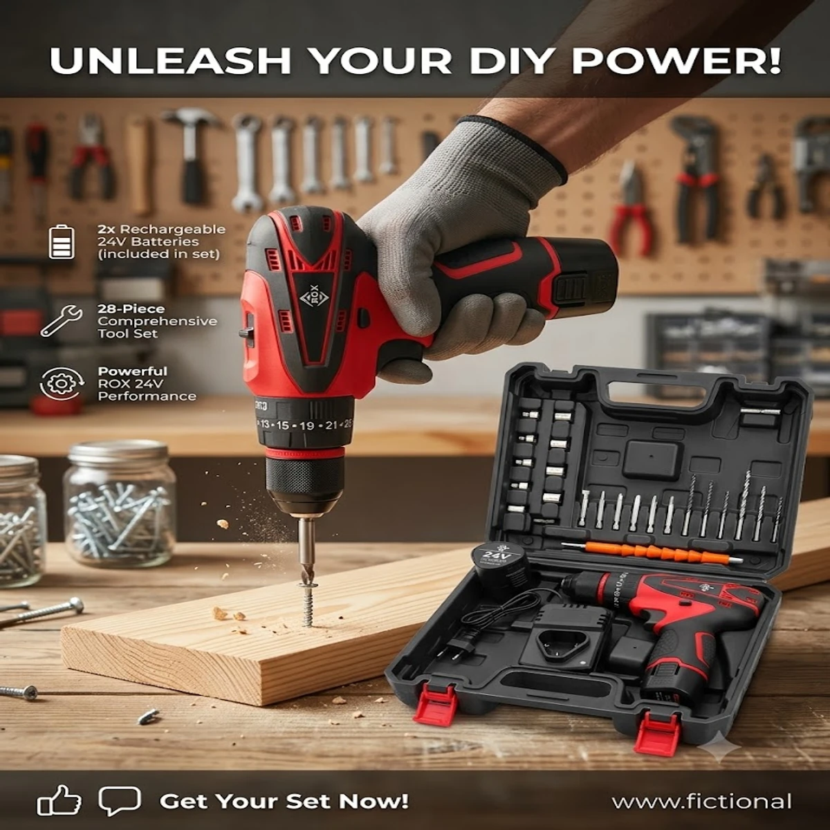 Double Battery Rechargeable ROX 24V Cordless Drill Machine and 28 pcs tools Set