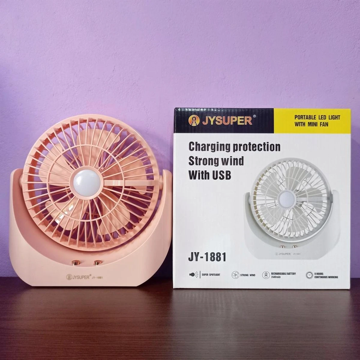 JY SUPER -JY-1880 Rechargeable Mini Table Fan With LED Light
